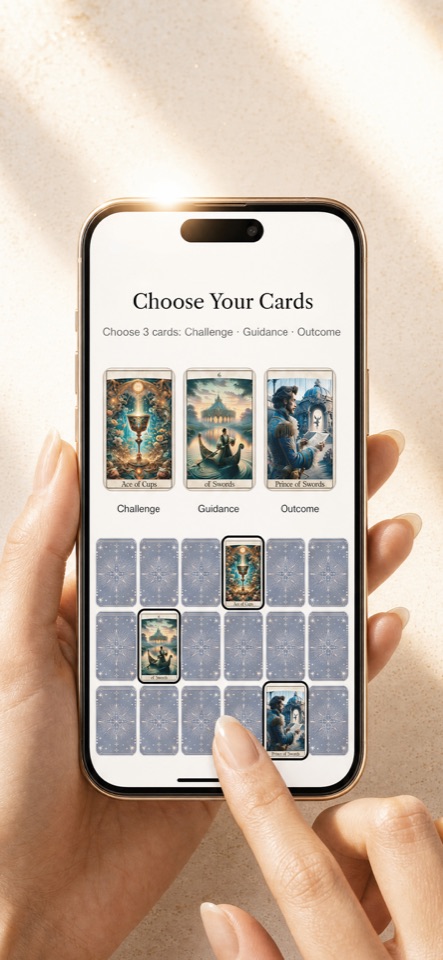 A hand choosing cards from the Fortuna in-app deck