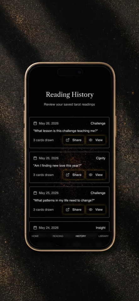 Fortuna Reading History showing saved questions and readings