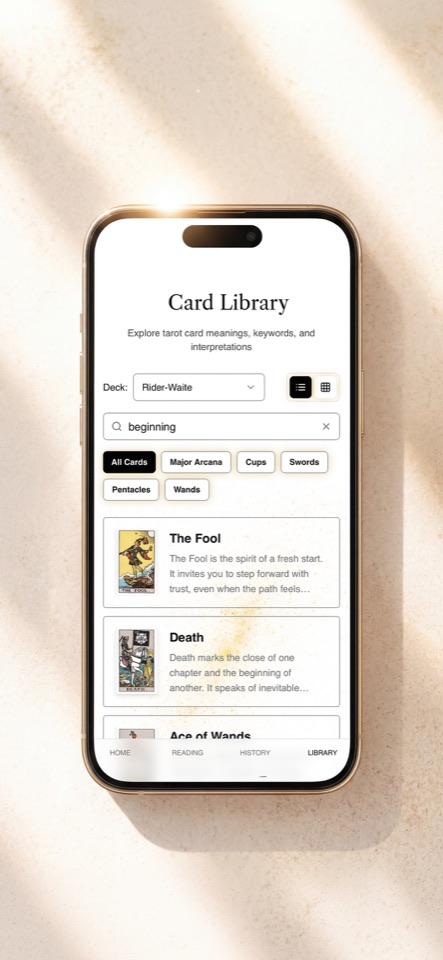 Fortuna Card Library with search and individual card meanings
